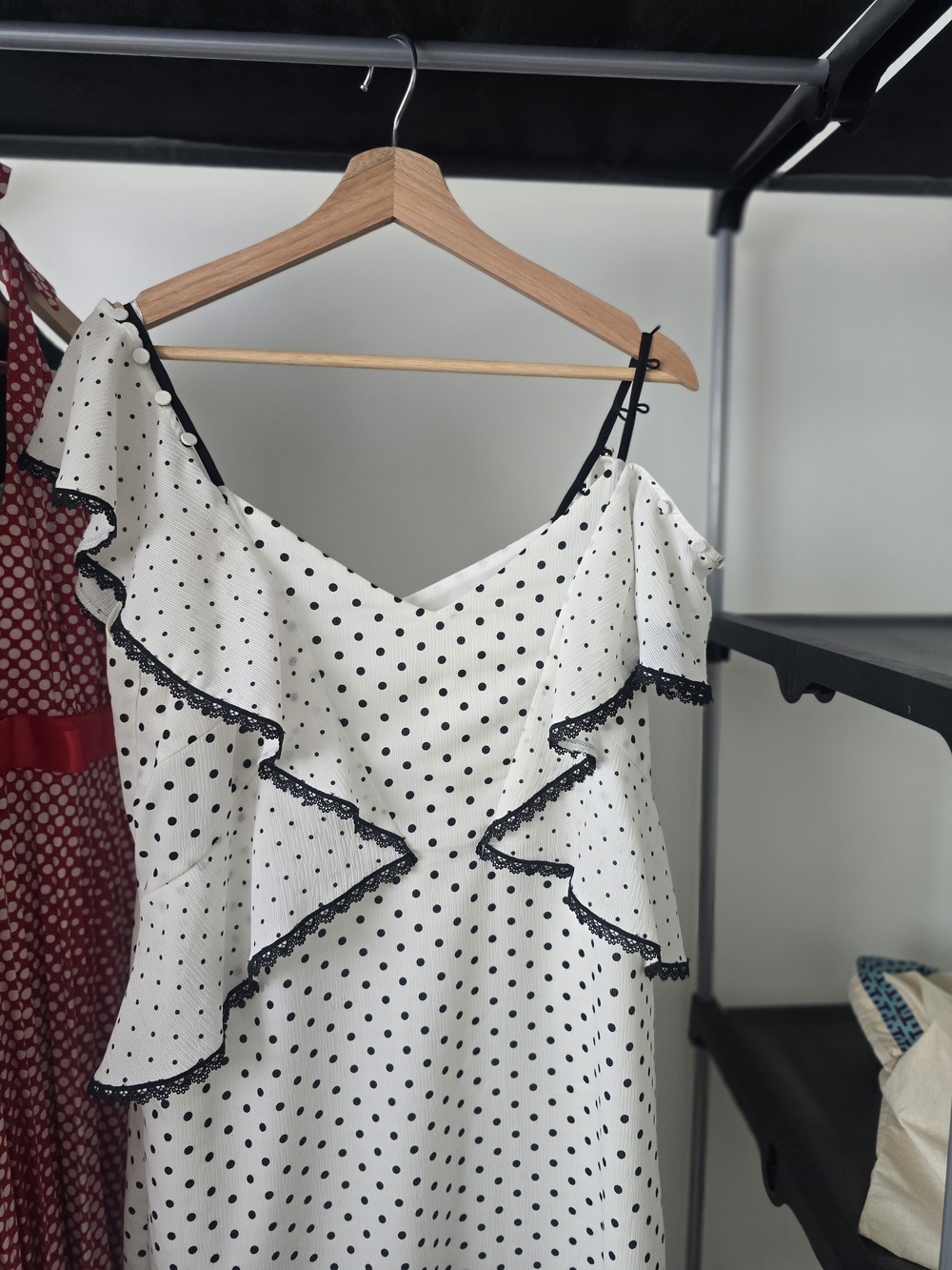 Adelyn Rae Polka Dot Cold Shoulder Ruffle Dress Size L - Picture 3 of 7